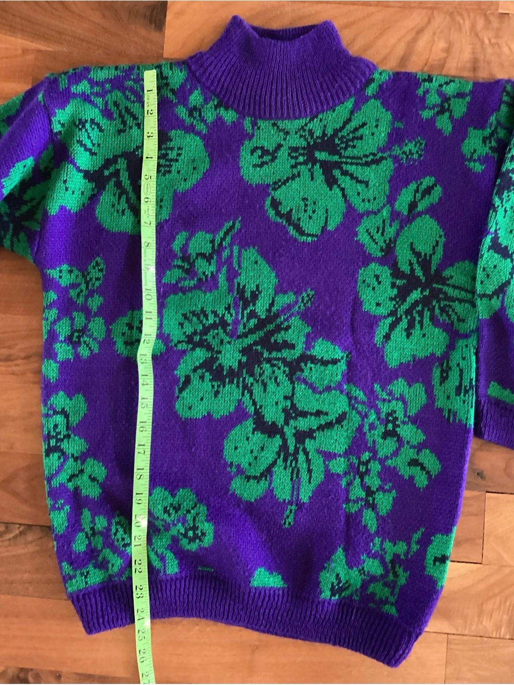 1980’s Esprit Purple Turtleneck Sweater with Green Floral Jacquard - Picture 6 of 8